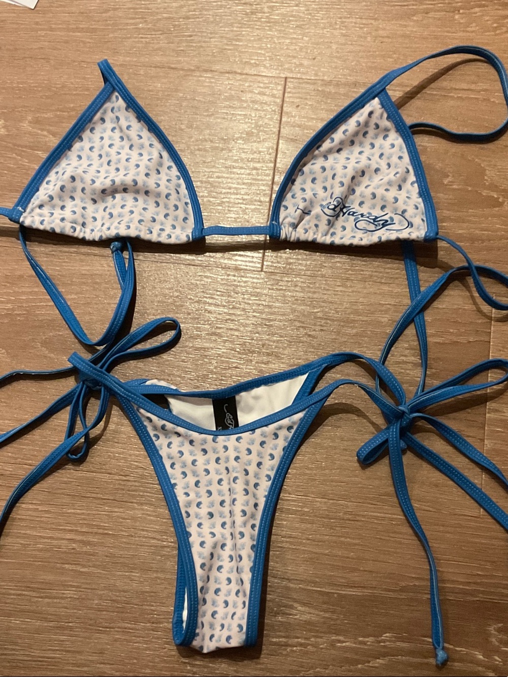 Ed Hardy White Triangle Bikini with Blue Trim